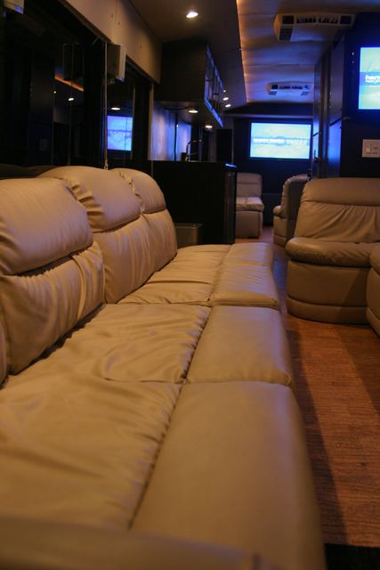 Looking down the aisle between the couches
